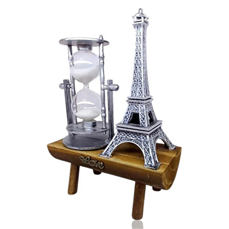 Dekoratif Eyfel Kulesi Tasarımlı Kum Saatli Ahşap Altlıklı Masa Süsü Gümüş Renk