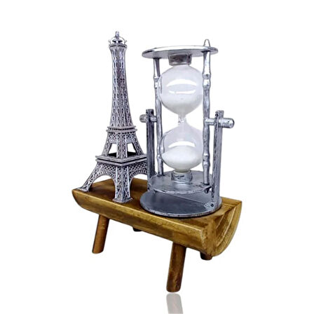 Dekoratif Eyfel Kulesi Tasarımlı Kum Saatli Ahşap Altlıklı Masa Süsü Gümüş Renk