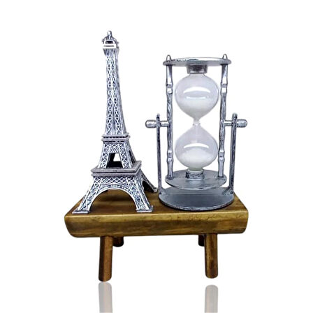 Dekoratif Eyfel Kulesi Tasarımlı Kum Saatli Ahşap Altlıklı Masa Süsü Gümüş Renk