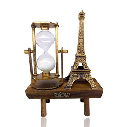 Dekoratif Eyfel Kulesi Tasarımlı Kum Saatli Ahşap Altlıklı Masa Süsü Altın Renk
