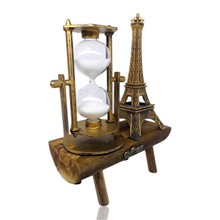 Dekoratif Eyfel Kulesi Tasarımlı Kum Saatli Ahşap Altlıklı Masa Süsü Altın Renk