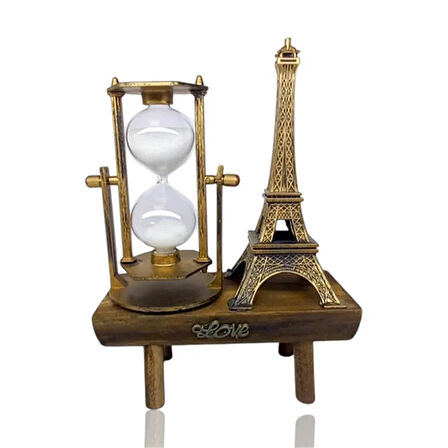 Dekoratif Eyfel Kulesi Tasarımlı Kum Saatli Ahşap Altlıklı Masa Süsü Altın Renk