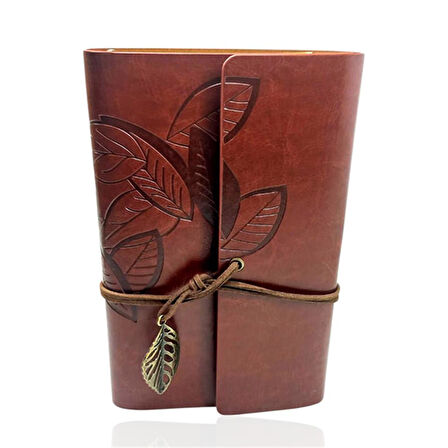 Retro Deri Defter Yaprak Tasarımlı Büyük Boy Kahverengi