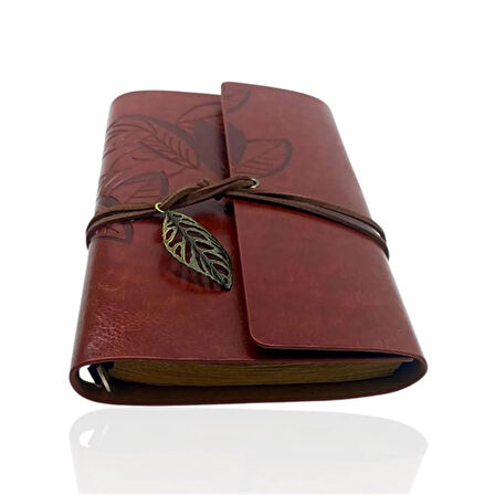 Retro Deri Defter Yaprak Tasarımlı Büyük Boy Kahverengi