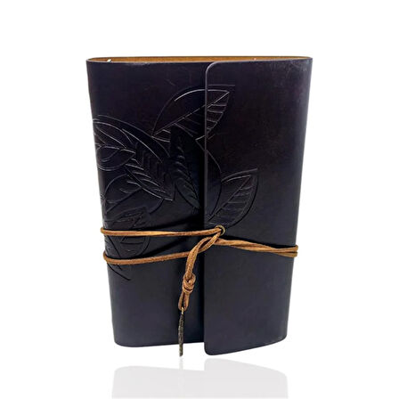 Retro Deri Defter Yaprak Tasarımlı Büyük Boy Koyu Kahverengi