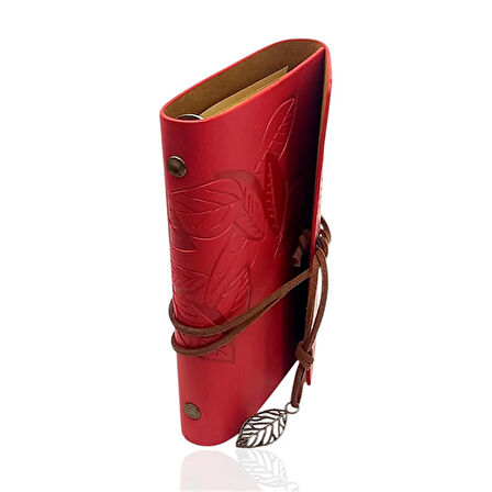 Retro Deri Defter Yaprak Tasarımlı Küçük Boy Kırmızı