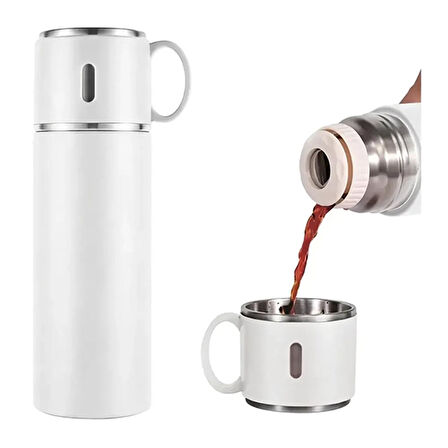 Kişiselleştirilebilir 3 Bardaklı Çelik Termos 05 Lt Beyaz