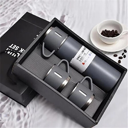 Kişiselleştirilebilir 3 Bardaklı Çelik Termos 05 Lt Gri