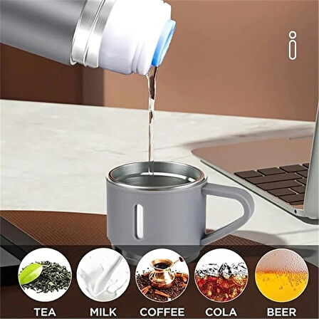 Kişiselleştirilebilir 3 Bardaklı Çelik Termos 05 Lt Gri