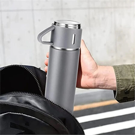 Kişiselleştirilebilir 3 Bardaklı Çelik Termos 05 Lt Gri