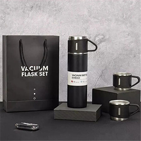 Kişiselleştirilebilir 3 Bardaklı Çelik Termos 05 Lt Siyah