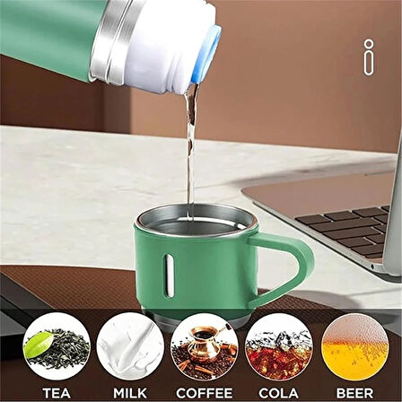 Kişiselleştirilebilir 3 Bardaklı Çelik Termos 05 Lt Yeşil