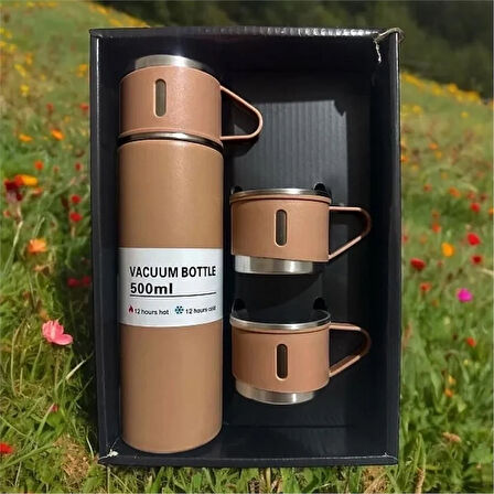 Kişiselleştirilebilir 3 Bardaklı Çelik Termos 05 Lt Kahverengi