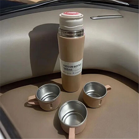 Kişiselleştirilebilir 3 Bardaklı Çelik Termos 05 Lt Kahverengi