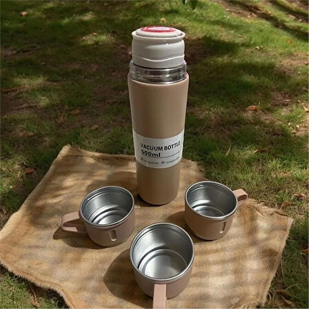 Kişiselleştirilebilir 3 Bardaklı Çelik Termos 05 Lt Kahverengi