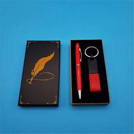 Kişiye Özel Kalem Anahtarlık Tüylü Kutulu Set Kırmızı