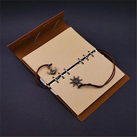 Kişiye Özel Retro Yaprak Defter Kalem Set Kırmızı Pusula Kutulu