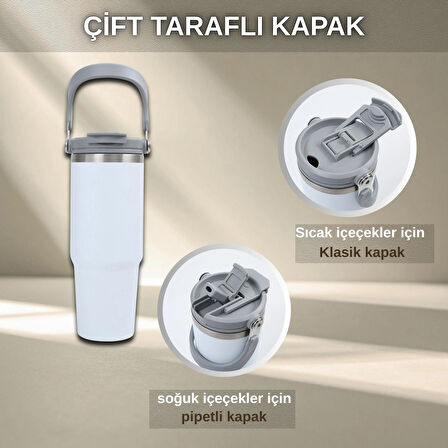 Pipetli Termos Bardak 900 ml Paslanmaz Çelik -Çift Kullanımlı Kapak