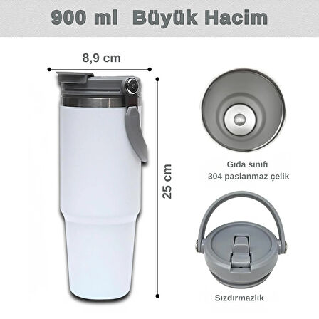 Pipetli Termos Bardak 900 ml Paslanmaz Çelik -Çift Kullanımlı Kapak