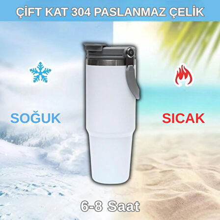 Pipetli Termos Bardak 900 ml Paslanmaz Çelik -Çift Kullanımlı Kapak
