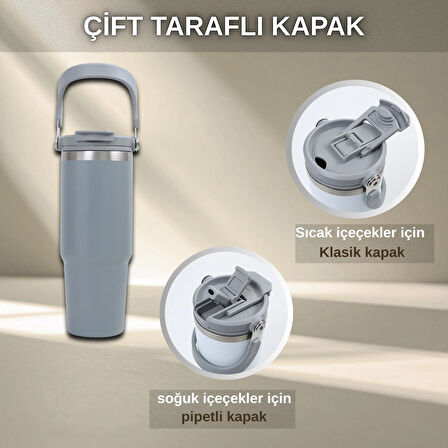 Pipetli Termos Bardak 900 ml Paslanmaz Çelik -Çift Kullanımlı Kapak