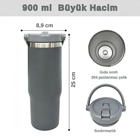 Pipetli Termos Bardak 900 ml Paslanmaz Çelik -Çift Kullanımlı Kapak