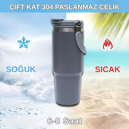 Pipetli Termos Bardak 900 ml Paslanmaz Çelik -Çift Kullanımlı Kapak