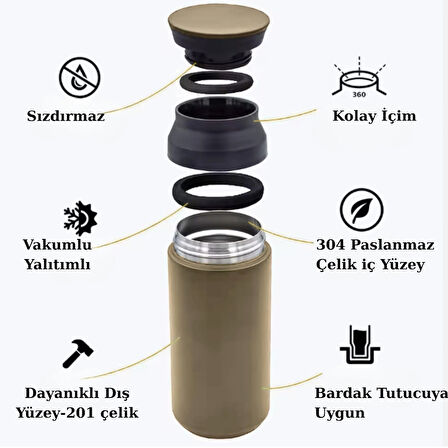 Paslanmaz Çelik Bardak Mug Termos 350 ml  Çift Katmanlı, Sızdırmaz Kapaklı