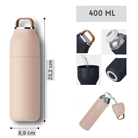 Paslanmaz Çelik Bardak kapaklı, Tutacaklı, Mat Gövdeli Termos 400 ml