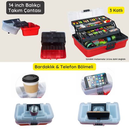 14 inch Balıkçı Takım Çantası -Bardaklık & Telefon Bölmeli Profesyonel Organizer 