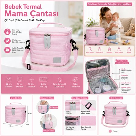 Bebek Termal Mama Çantası-Çift Saplı (El & Omuz), Çoklu File Cep