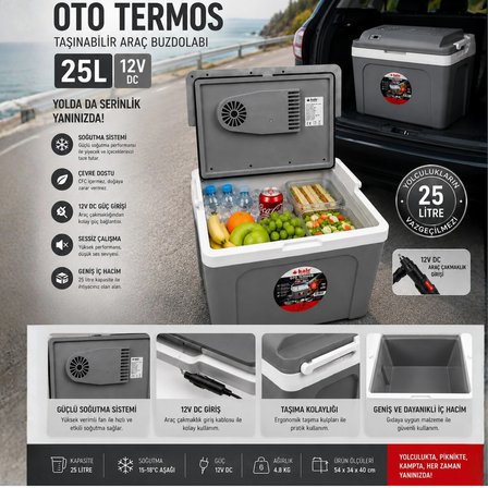 25 Litre 12v Oto Buzdolabı Termos- Portatif, Elektrikli, Oto Şarj Kablolu( 1050 Thermoelectric Cooler 12v.)