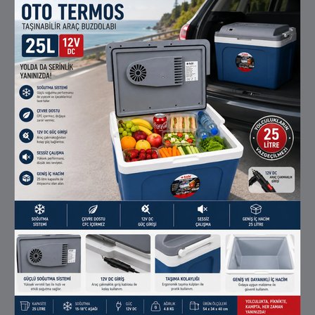 25 Litre 12v Oto Buzdolabı Termos- Portatif, Elektrikli, Oto Şarj Kablolu( 1050 Thermoelectric Cooler 12v.)