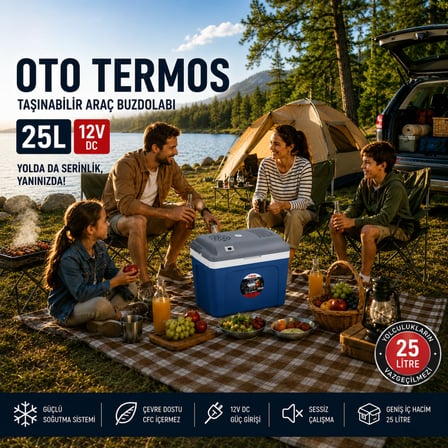 25 Litre 12v Oto Buzdolabı Termos- Portatif, Elektrikli, Oto Şarj Kablolu( 1050 Thermoelectric Cooler 12v.)