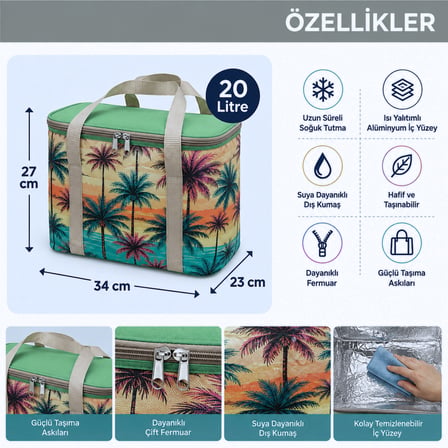 20 Lt Termal Çanta-Plaj ve Piknik İçin Soğuk Tutan Desenli Buzluk Çanta