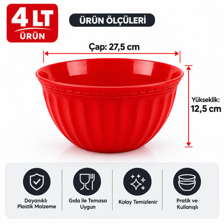 4 LT Karıştırma Kabı 2'li Set – Hamur Yoğurma Kabı, Salata ve Servis Kasesi, Çok Amaçlı Plastik Mutfak Kasesi