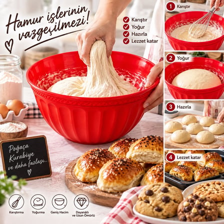 4 LT Karıştırma Kabı 2'li Set – Hamur Yoğurma Kabı, Salata ve Servis Kasesi, Çok Amaçlı Plastik Mutfak Kasesi