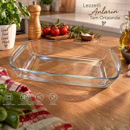 Paşabahçe Borcam Orta Boy Dikdörtgen Fırın Kabı 35,5 x 22,7 cm – Isıya Dayanıklı Cam Fırın Tepsisi ve Servis Kabı