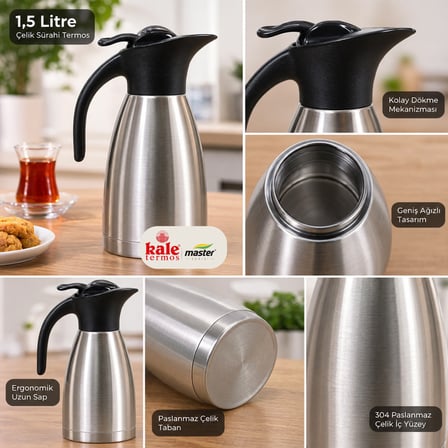 Kale Master 1,5 L Çelik Sürahi Termos – Paslanmaz Çelik Vakumlu Termos, Sıcak Soğuk İçecek Servis Termosu, Çay Kahve Termosu
