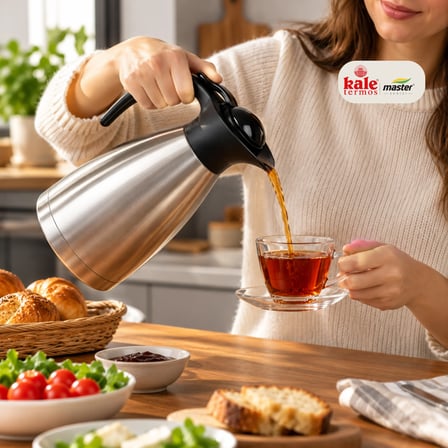 Kale Master 1,5 L Çelik Sürahi Termos – Paslanmaz Çelik Vakumlu Termos, Sıcak Soğuk İçecek Servis Termosu, Çay Kahve Termosu