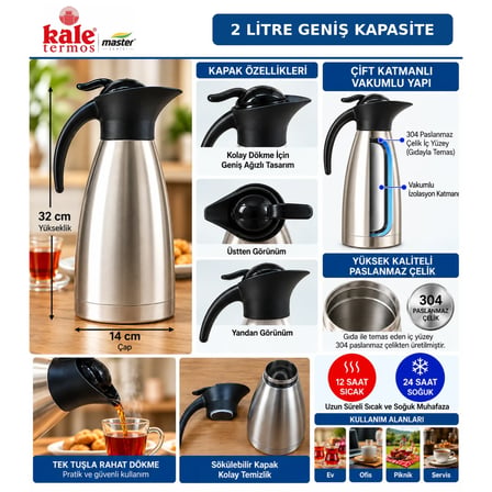 Kale Master 2 L Çelik Sürahi Termos – Paslanmaz Çelik Vakumlu Termos, Sıcak Soğuk İçecek Servis Termosu, Çay Kahve Termosu