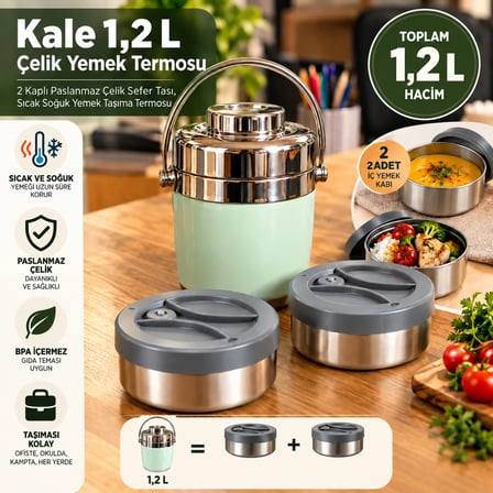 Master 1,2 L Çelik Yemek Termosu – 2 Kaplı Paslanmaz Çelik Sefer Tası, Sıcak Soğuk Yemek Taşıma Termosu