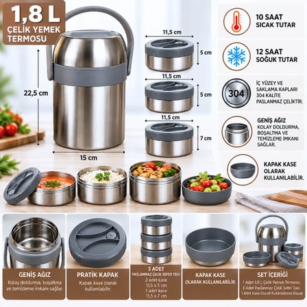 Master 1,8 L Çelik Yemek Termosu – 3 Kaplı Paslanmaz Çelik Sefer Tası, Sıcak Soğuk Yemek Taşıma Termosu