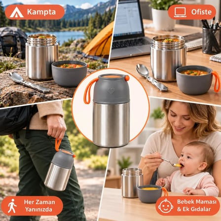 Master 450 ml Çelik Yemek Termosu – 304 Paslanmaz Çelik Sıcak Soğuk Yemek ve Mama Kabı, Kaşıklı, Taşıma Kulplu
