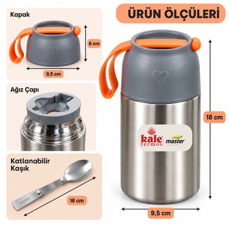 Kale Master 650 ml Çelik Yemek Termosu – 304 Paslanmaz Çelik Termal Yemek Kabı, Katlanabilir Kaşıklı ve Taşıma Kulplu