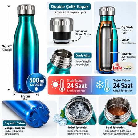 Kale Master 500 ml Çelik Termos Matara – Paslanmaz Çelik Sıcak Soğuk İçecek Termosu, Vakumlu Su Matarası