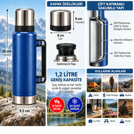 Kale Master 1,2 L Klasik Çelik Termos –Mavi, Kulplu Avcı Termosu, Sıcak Soğuk İçecek Termosu, Seyahat ve Kamp Termosu