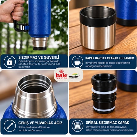 Kale Master 1,2 L Klasik Çelik Termos –Mavi, Kulplu Avcı Termosu, Sıcak Soğuk İçecek Termosu, Seyahat ve Kamp Termosu