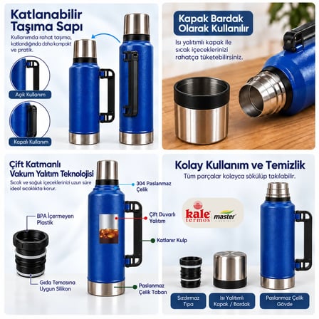 Kale Master 1,2 L Klasik Çelik Termos –Mavi, Kulplu Avcı Termosu, Sıcak Soğuk İçecek Termosu, Seyahat ve Kamp Termosu