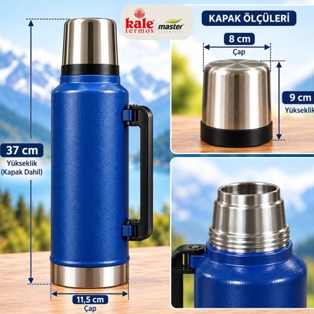 Kale Master 2 L Klasik Çelik Termos -Mavi, Kulplu Avcı Termosu, Sıcak Soğuk İçecek Termosu, Seyahat ve Kamp Termosu